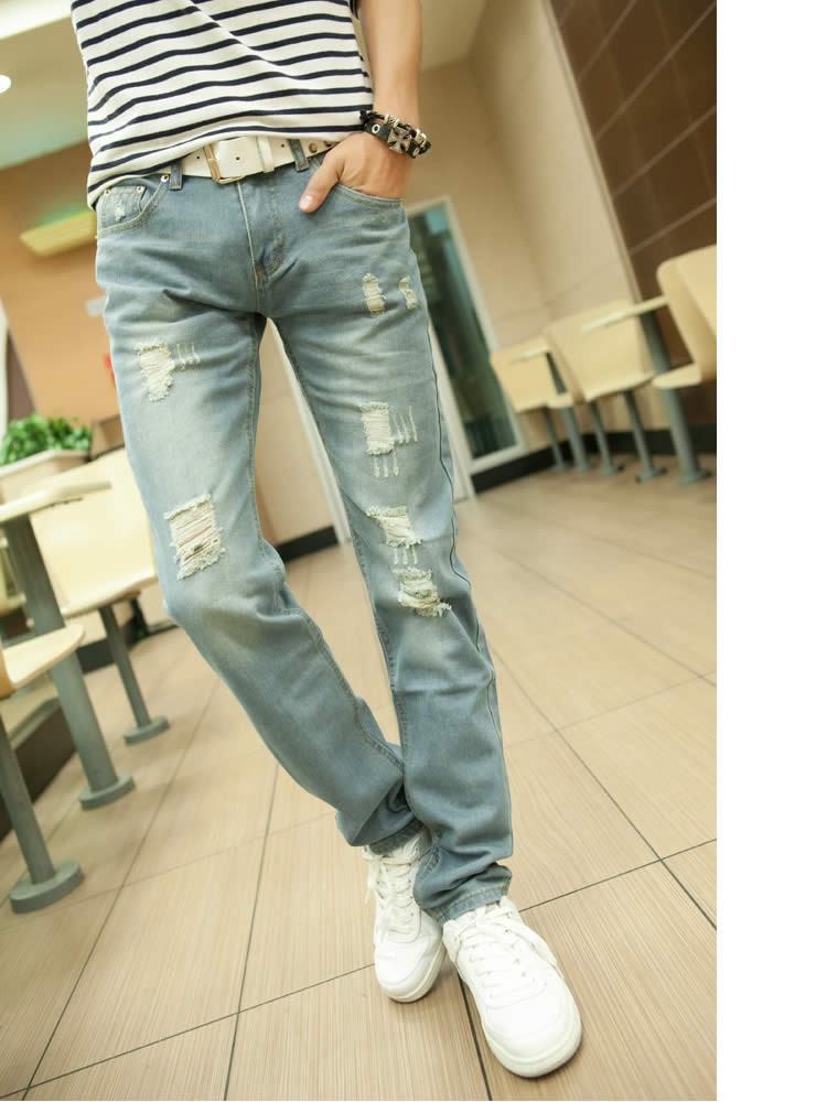  Vintage Stonewashed Distressed Ripped Frayed Mens Light Blue Slim Fit Jeans UK