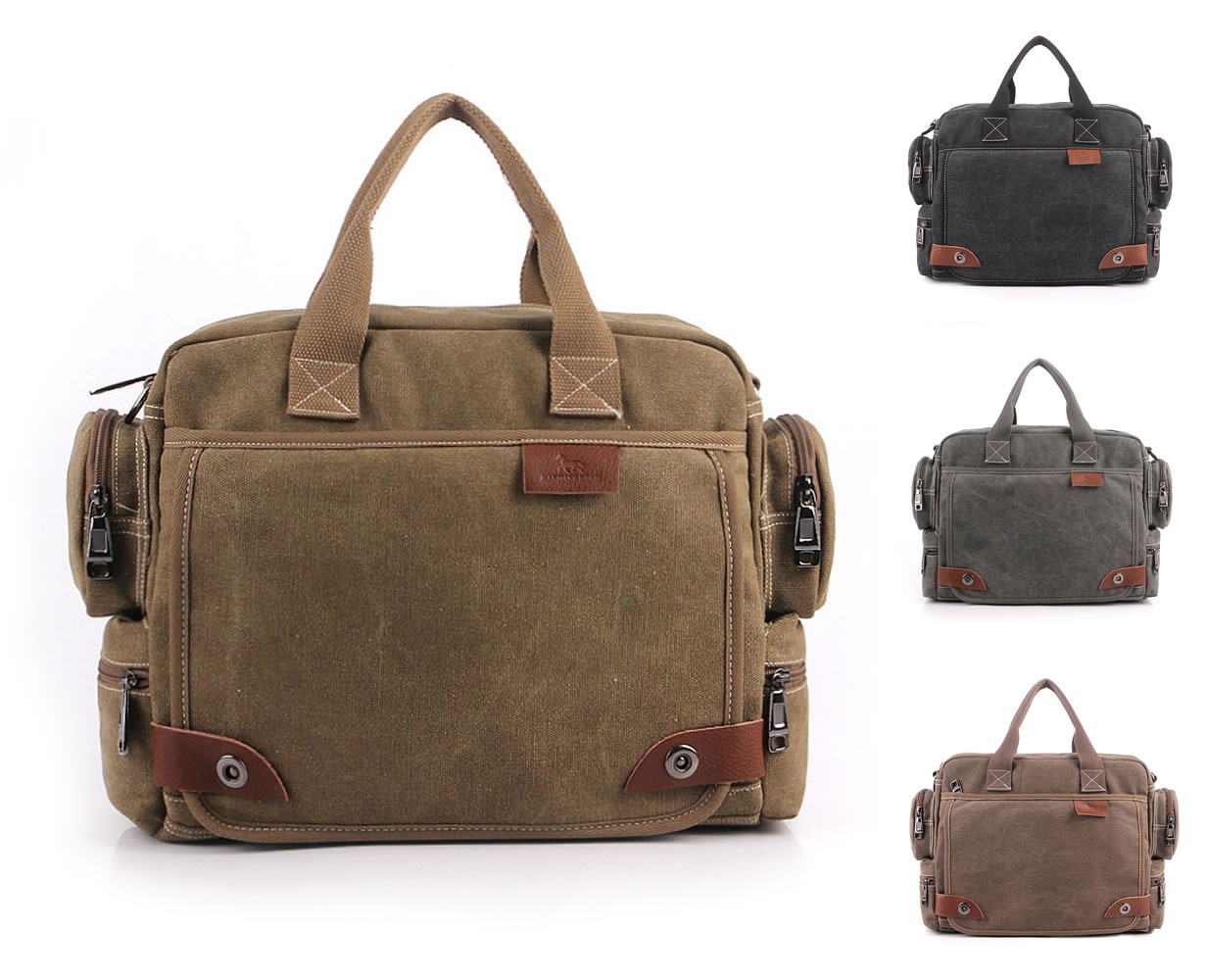 R.I.S Men's Large Canvas Padded Briefcase, Satchel, Messenger Bag, Shoulder Bag, Top Handle Bag - Suitable for iPad, Laptop, DSLR Camera