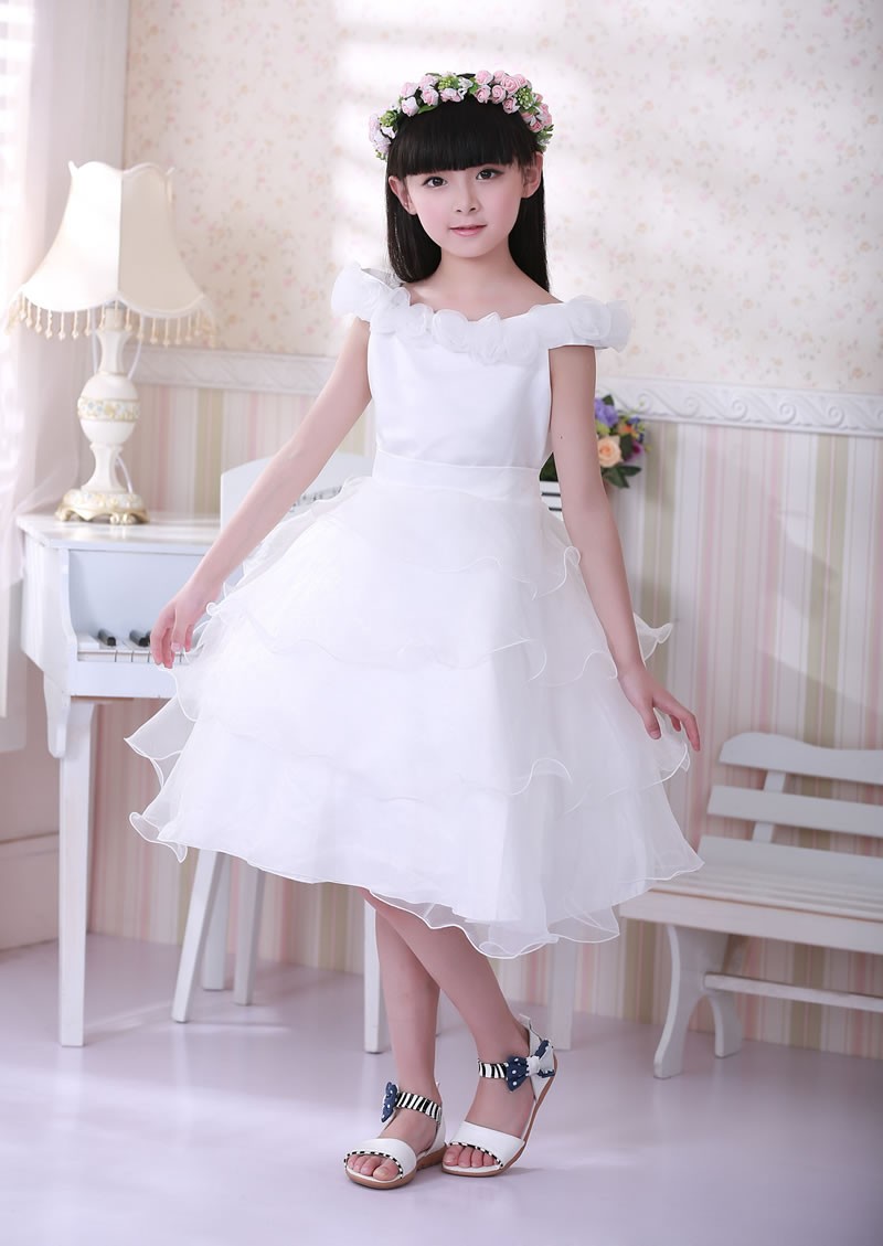 Girls Kids Long, Over Knee Length White Flower Formal Wedding Bridesmaid Party Christening Occasion Prom Tulle Dress Ages 1 2 3 4 5 6 7 8 9 10 11 Years