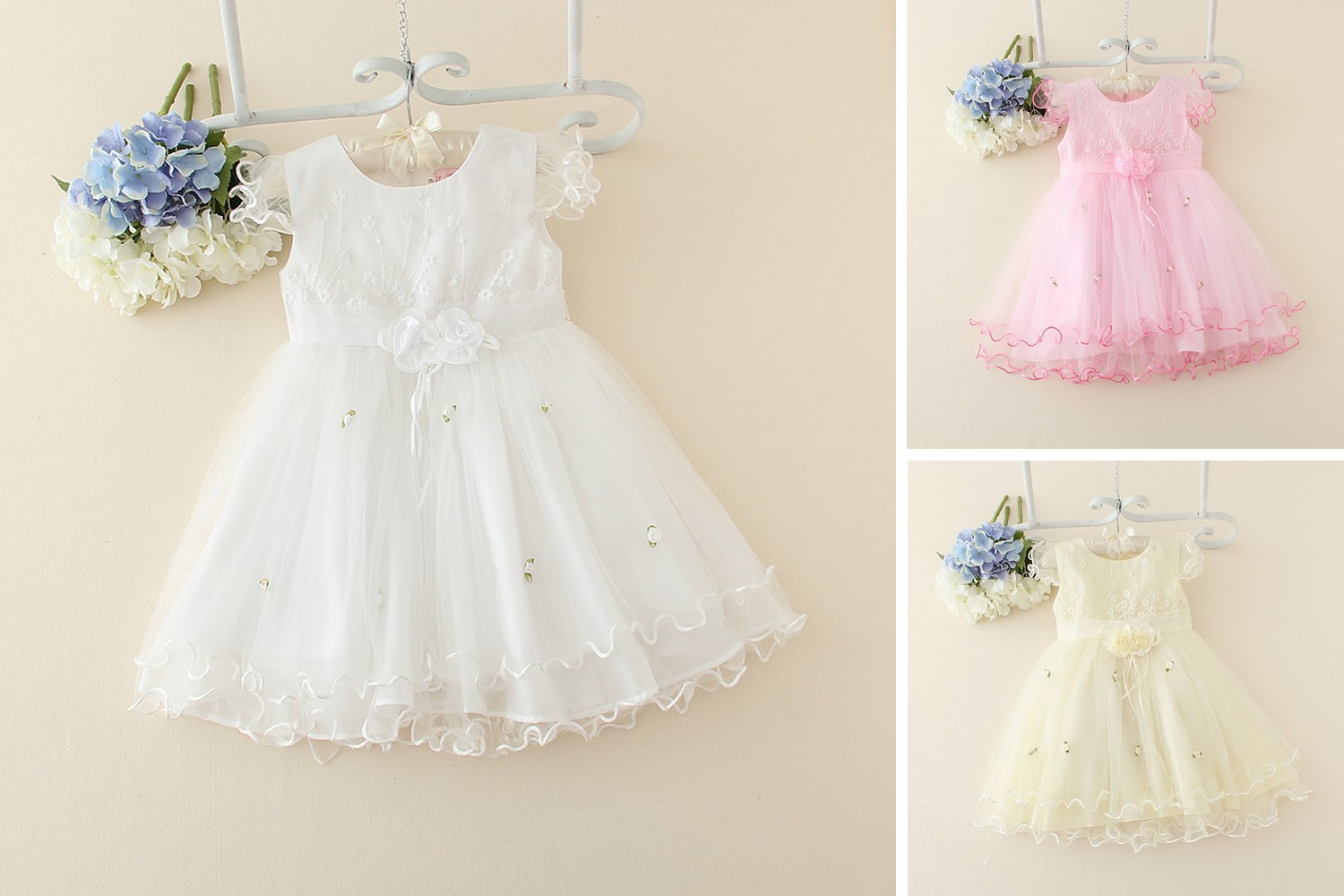 Baby Toddler Girls Kids White Floral Flower Girl Formal Wedding Bridesmaid Party Christening Occasion Dress