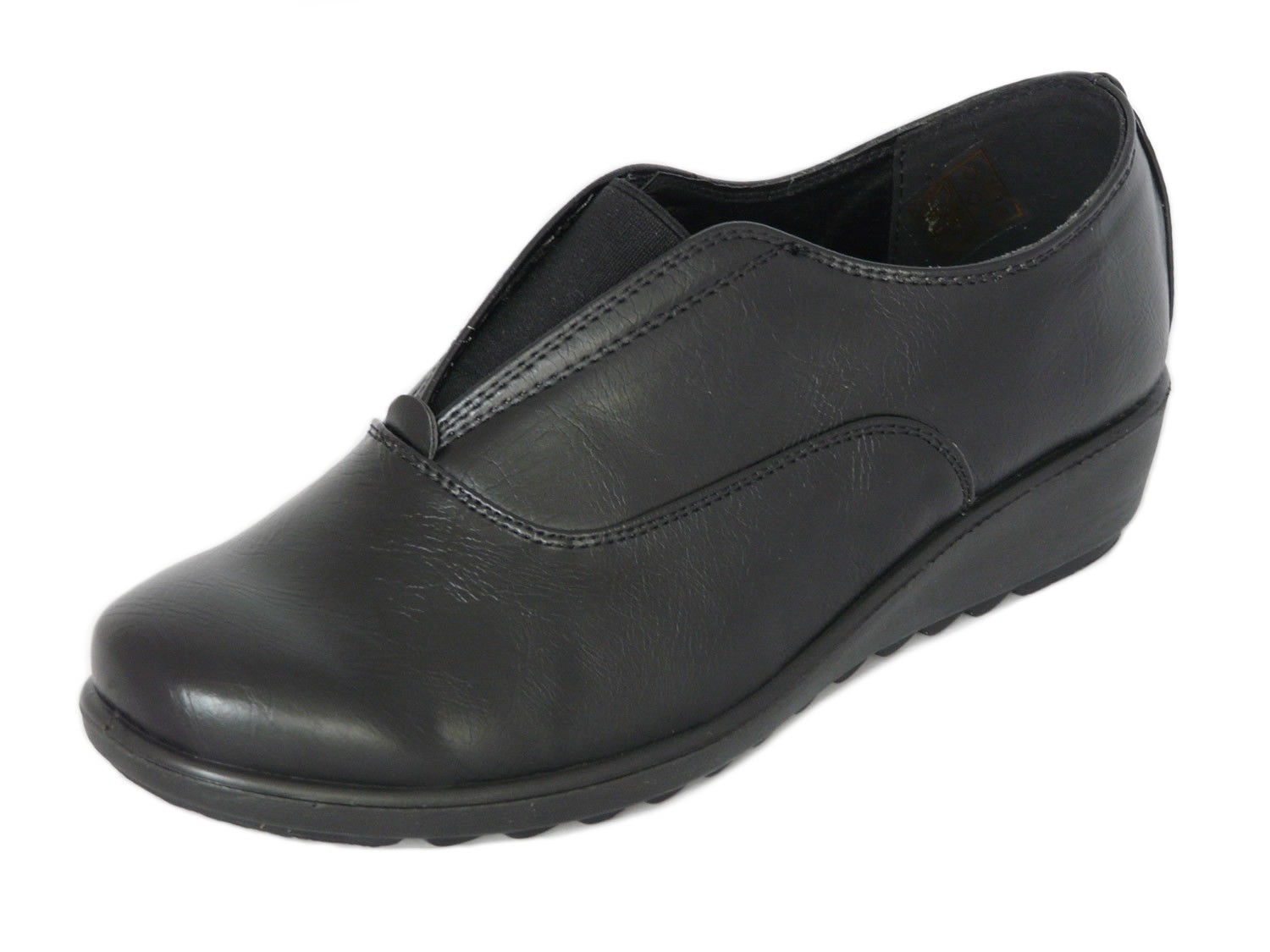 Cushion Walk Women's Ladies Lightweight Black Faux Leather Slip-on Low Wedge Shoes with Elastic Panel and Massage Insock, Casual Work Office Comfort Shoes 