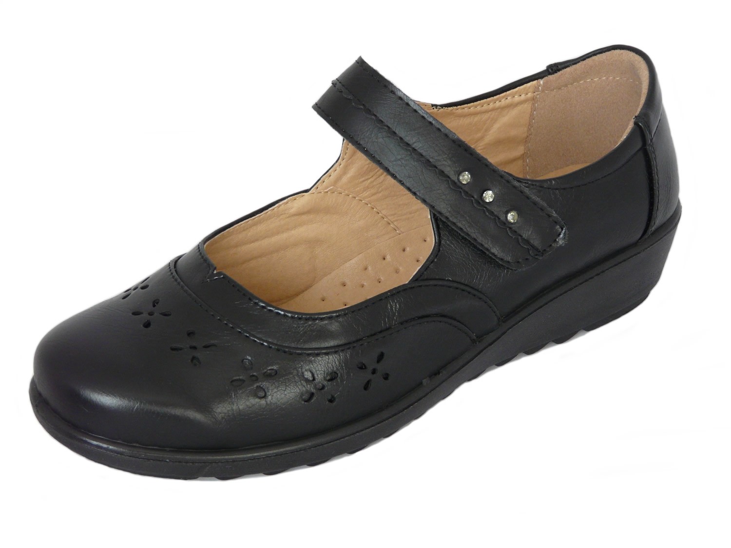 Cushion Walk Womens Ladies Lightweight Black Faux Leather Mary Jane Flats, Casual Work Office Comfort Shoes