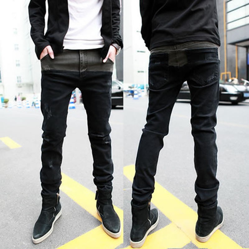Men's Black Grey Two-Tone Skinny Slim Fit Stretch Jeans Punk Denim Pants Trousers