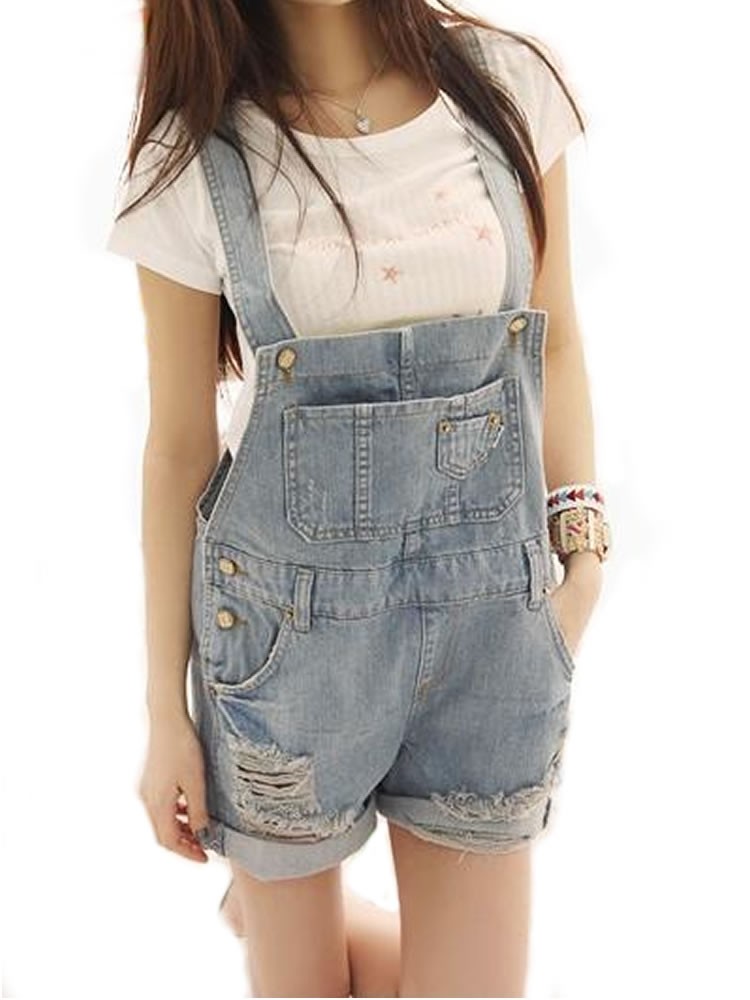 NEW Stone Washed Vintage Distressed Ripped Light Blue Denim Dungaree Shorts, Dungarees
