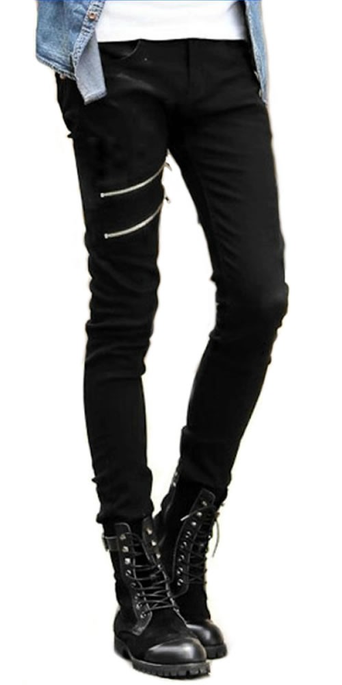 UK New Men's Black Skinny Slim Fit Punk Style Stretch Jeans Pant Trousers with Double Leg Zips