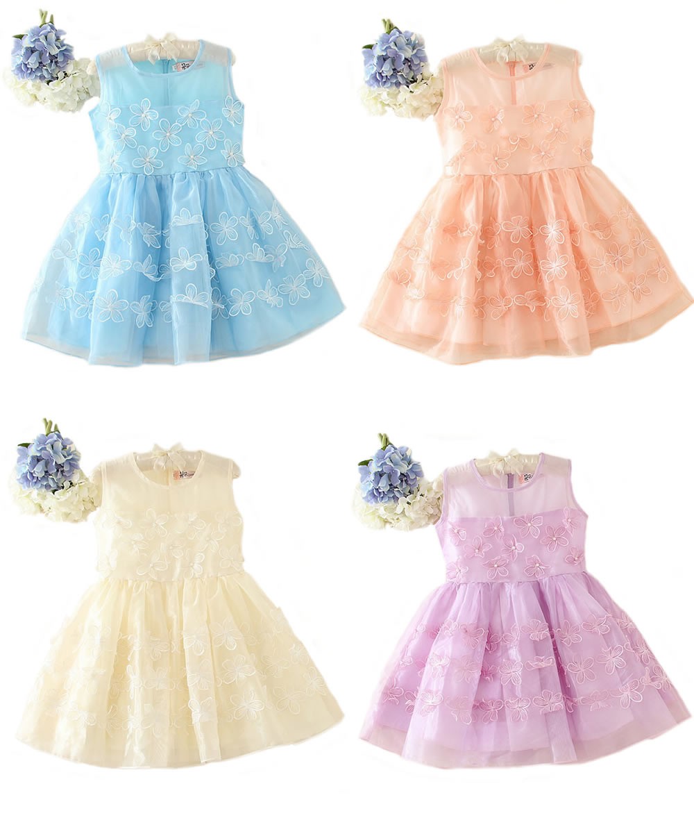 Girls Kids Blue, Lilac, Orange, Yellow, 3d Textured Floral Flower Girl Formal Wedding Bridesmaid Party Christening Baptism Birthday Occasion Dress
