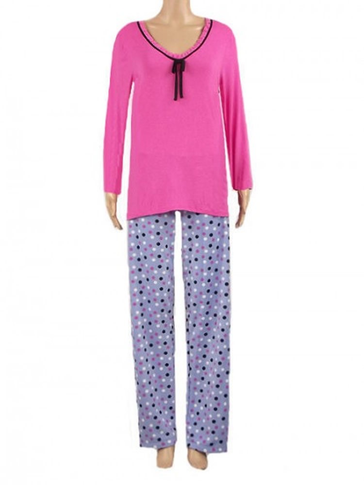 Ex M&S Marks and Spencer Pink Top Blue Spotty Fleece Bottoms Womens Pyjamas
