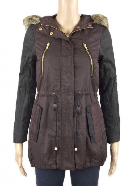 A Wear Ladies Womens Girls Burgundy & Black Contrast Sleeve Parka Coat Quilted Coat Jacket with Removable Fur Trim Hood