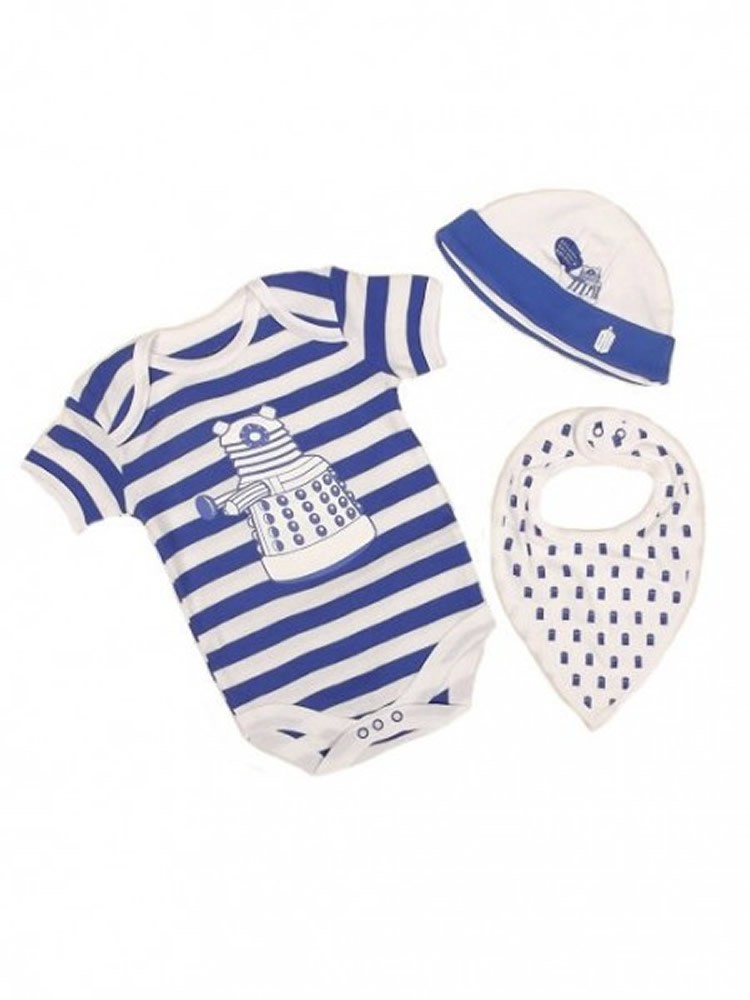 Official BBC Dr Who Dalek 3 piece Bodysuit Set with Hat & Bib Blue & White Short Sleeve Playsuit, Romper, Babygrow