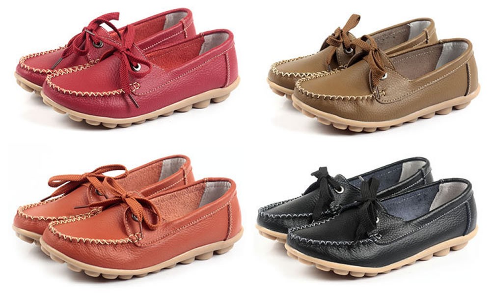 Women's Ladies Girls Real Leather Comfort Walking Casual Flat Ballerina Lace up Shoes Flats Loafers with Non-Slip Soles