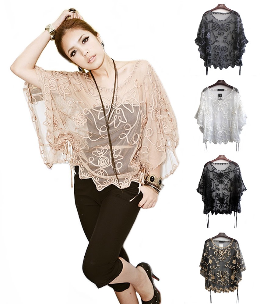 UK Women's Sheer Embroidered Mesh Lace Poncho Top Wrap Pullover One Size to 14