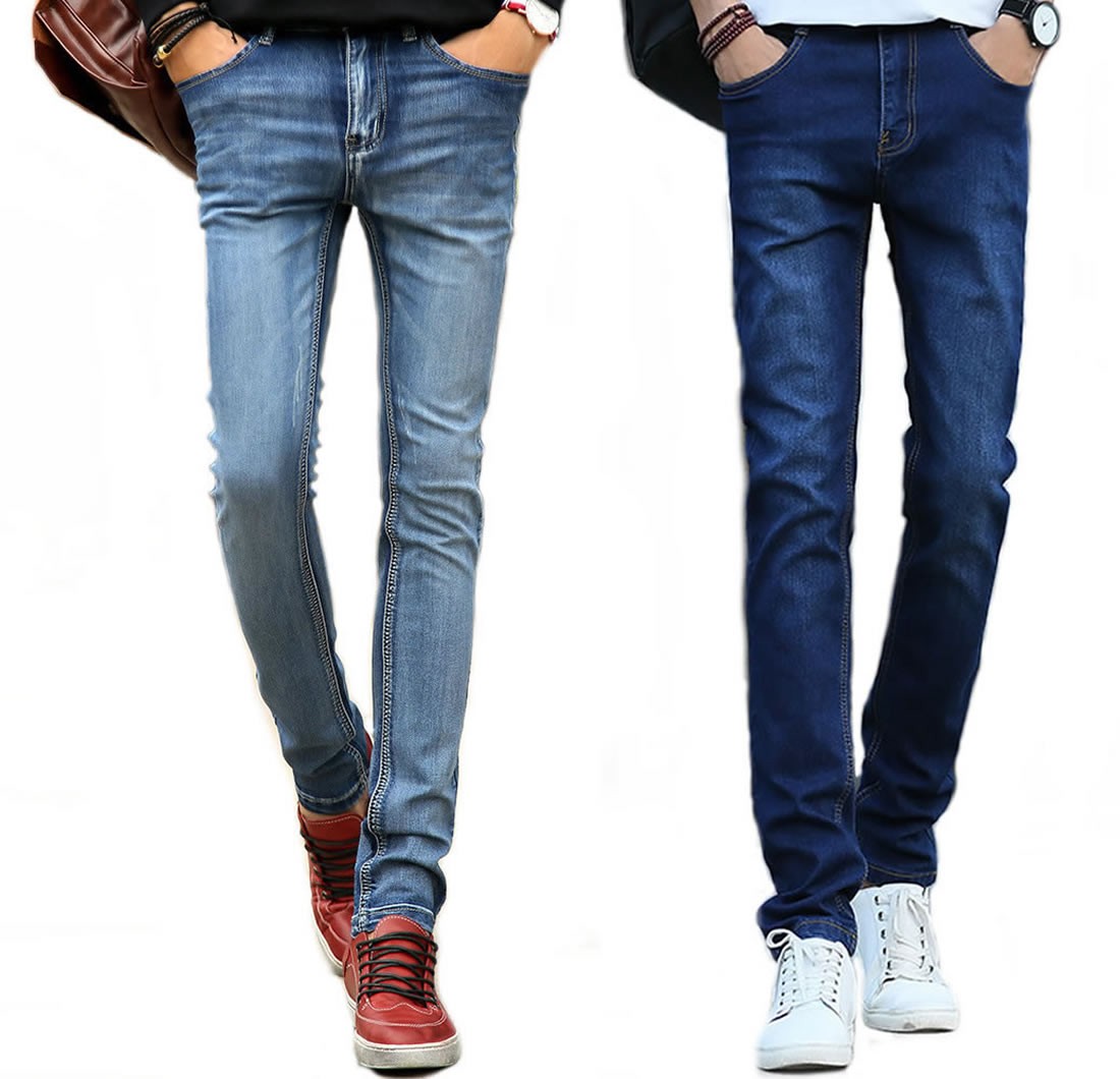 Men's Blue Stonewashed Super Skinny Slim Fit Thin Stretch Jeans Punk Denim Pants Trousers