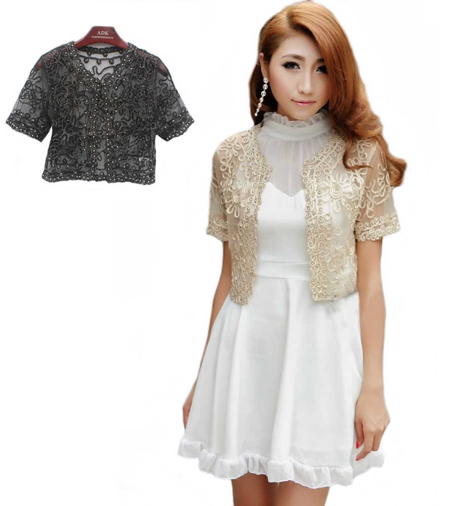 Women's Short Sleeved Hand Beaded Lace & Mesh Bolero Cropped Jacket - Available in Apricot with Gold Thread or Black with Silver Thread Sizes 6-14