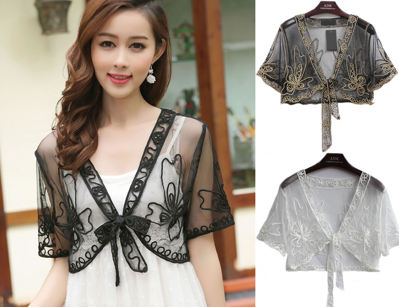 Women's Short Sleeved Cropped Lace Mesh Bolero Shrug Waistcoat