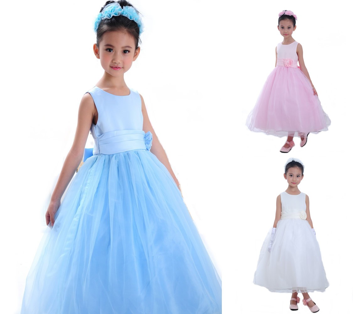 Girls Full Length Blue, White, Pink Flower Formal Wedding Bridesmaid Party Christening Occasion Prom Tulle Dress Ages 2 3 4 5 6 7 8 9 10