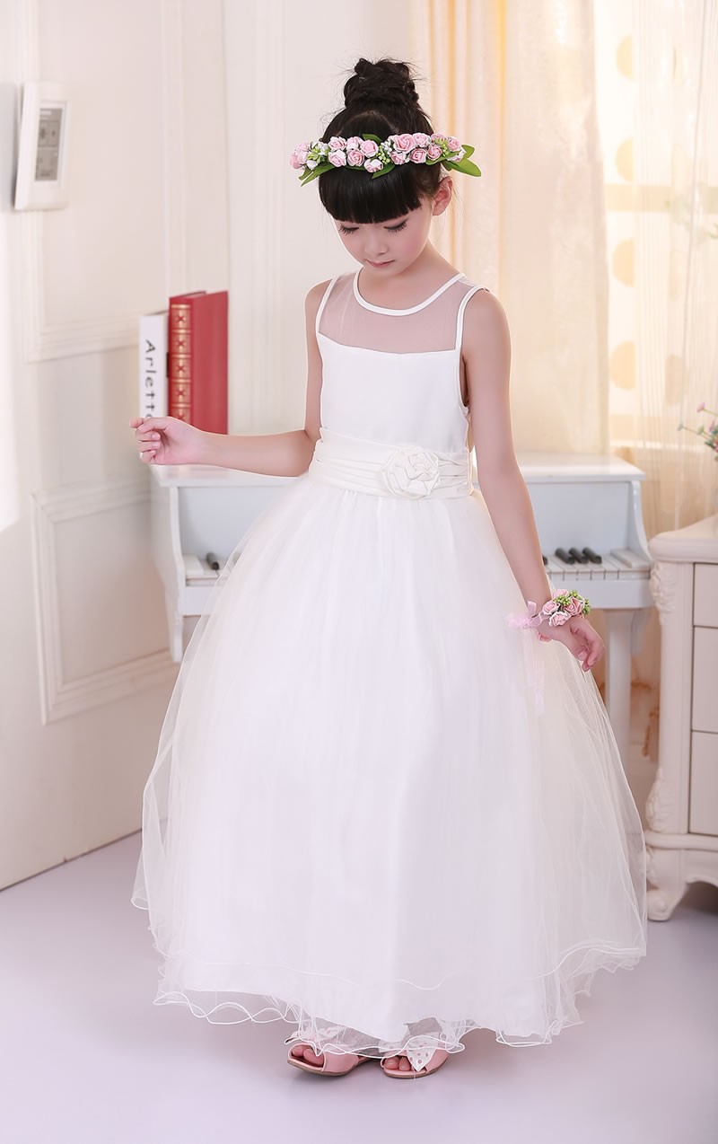 Girls Kids Long, Full Length White Flower Formal Wedding Bridesmaid Party Christening Occasion Prom Tulle Dress Ages 2 3 4 5 6 7 8 9 10