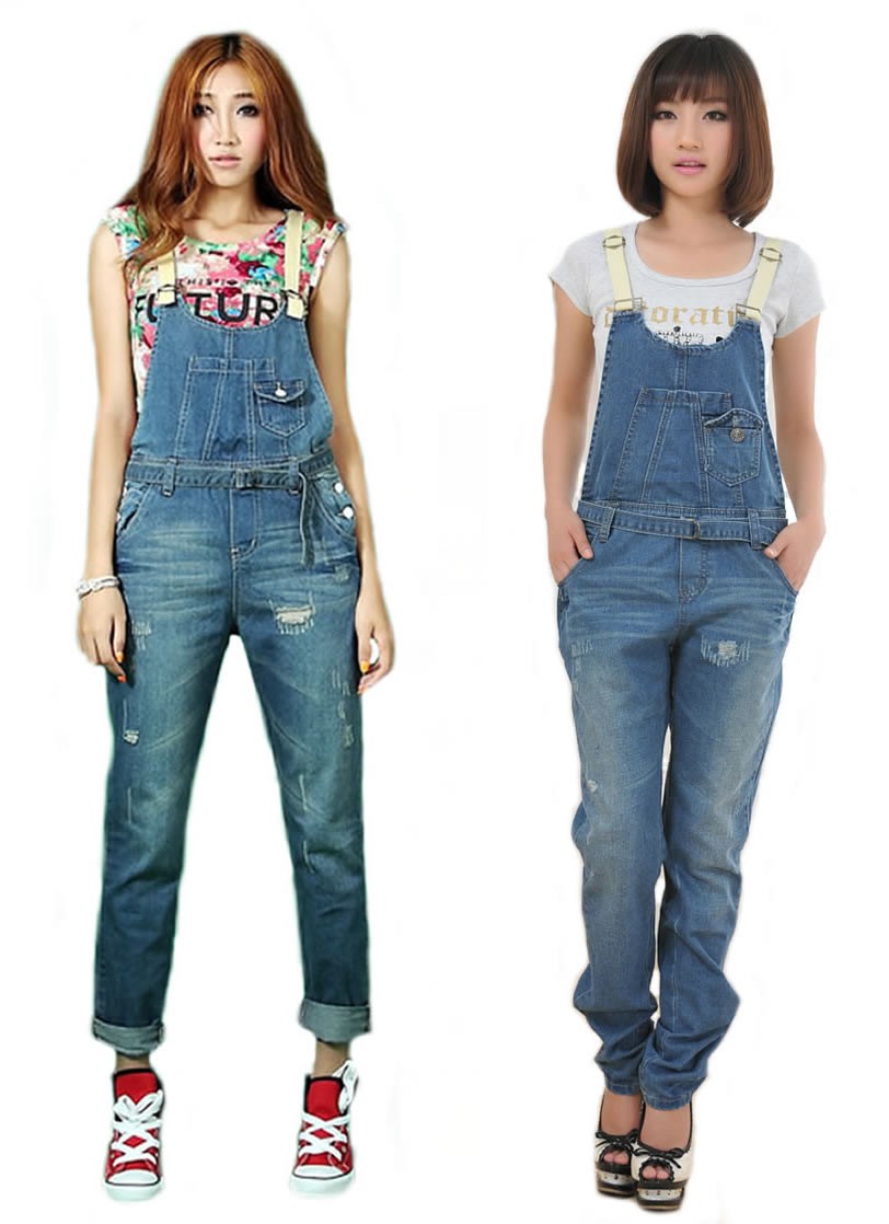 UK NEW Womens Denim Blue StoneWash Ripped Distressed Long Dungarees Jeans Pants