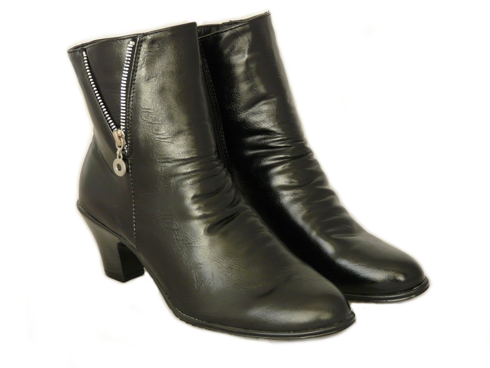 Cushion Walk Women's Black Faux Leather Cuban Heel Ankle Boots with Zip Detail and Non-Slip Sole
