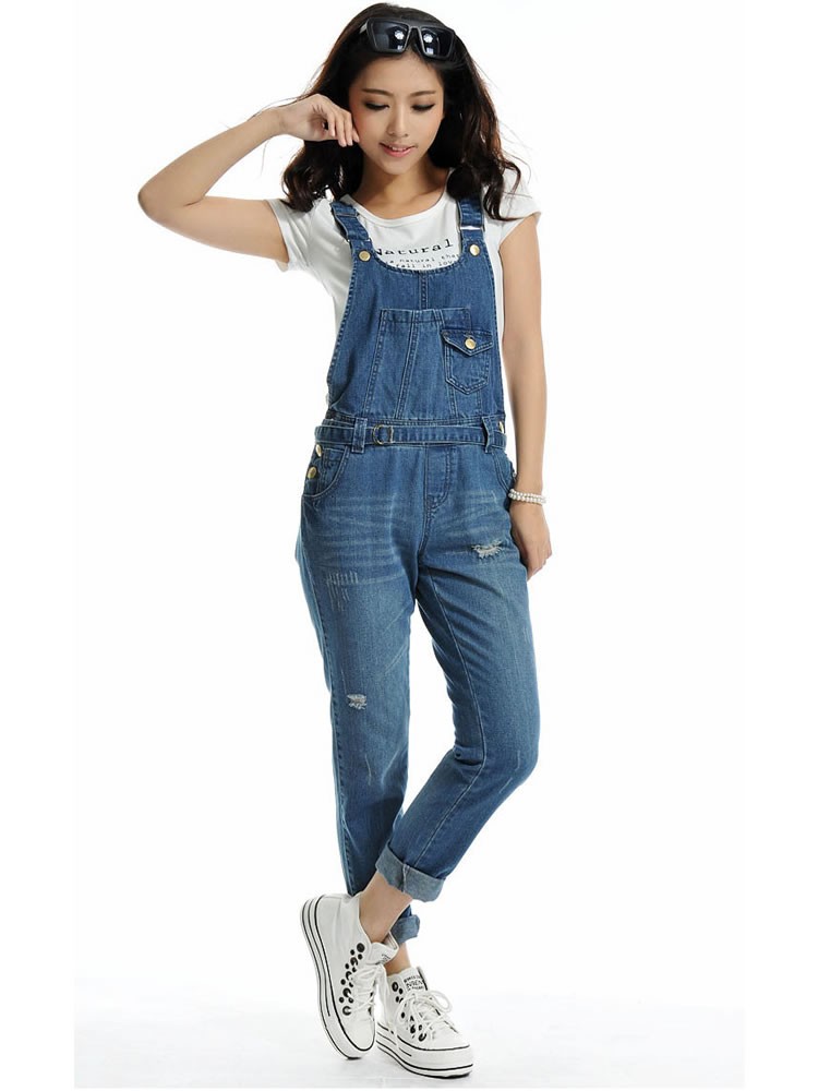 NEW Womens Dark Blue Denim StoneWash Ripped Distressed Long Denim Dungarees Bib Jeans Pants with Belt