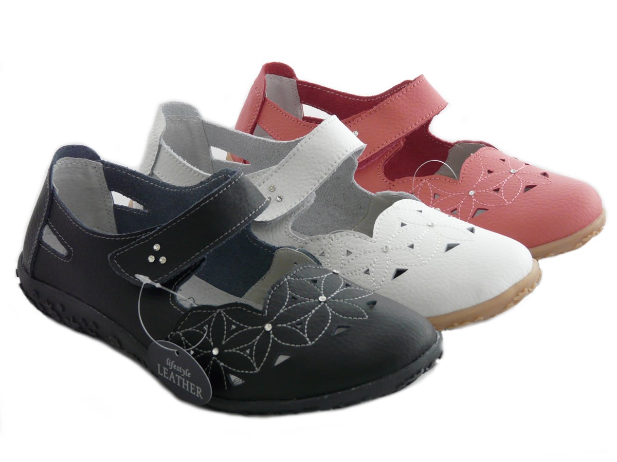 Womens Full Leather Casual Comfort Velcro Mary Jane Loafers Flat Walking Shoes Sandals