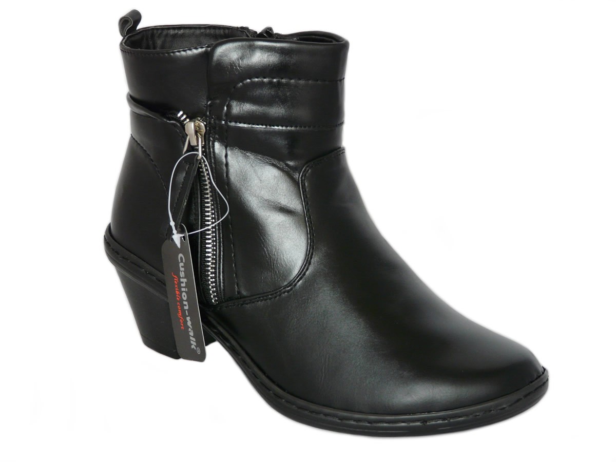 Cushion Walk Women's Black Faux Leather Cuban Heel Ankle Boots with Zip Detail, Soft, Lightweight and Flexible