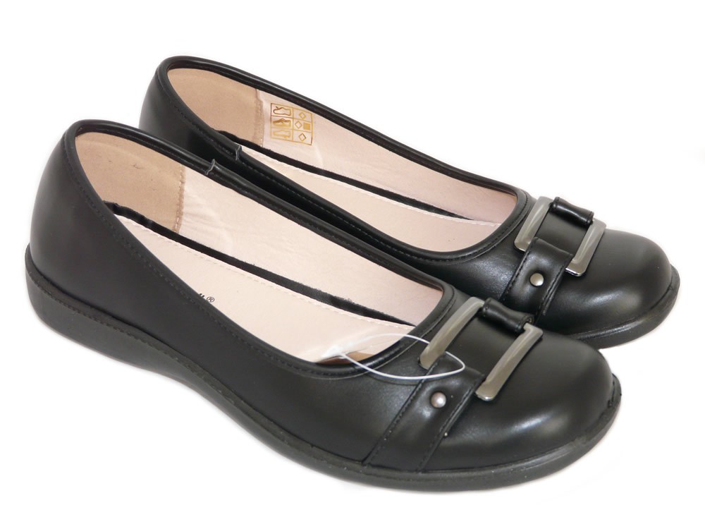 Cushion Walk Women's Black Faux Leather Slip-on Ballet Flats with Buckle Detail
