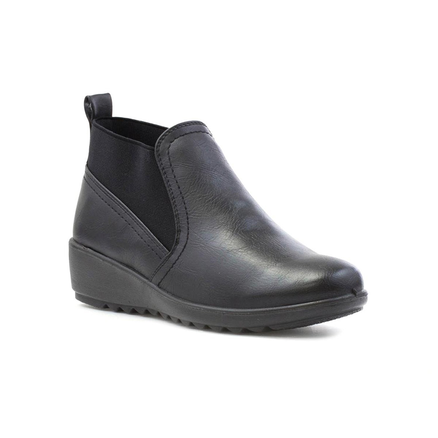 Cushion Walk Women's Black Low Wedge Ankle Chelsea Boots with Non-Slip Sole - Sizes 3-8
