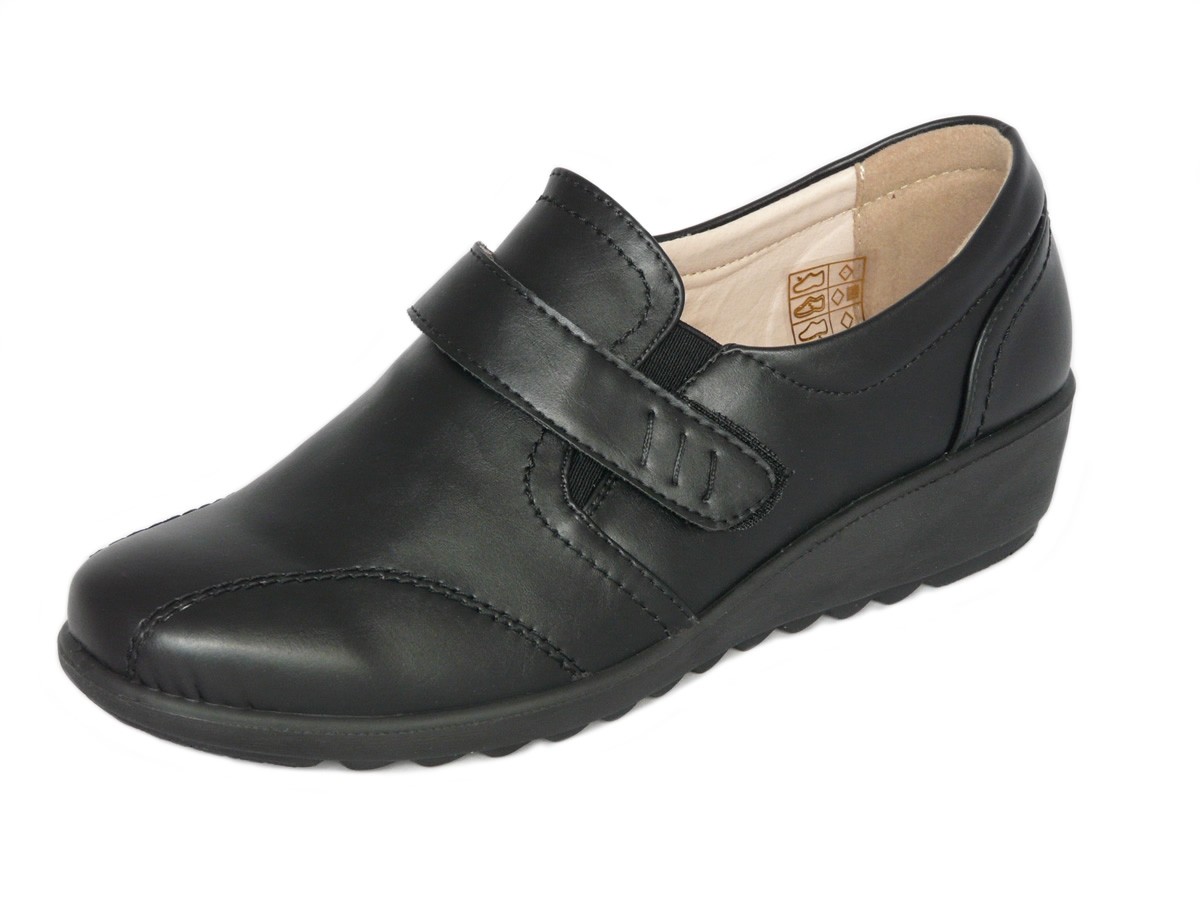 Cushion Walk Women's Black Leather-Lined Touch Fastening Low Wedge Comfort Shoes