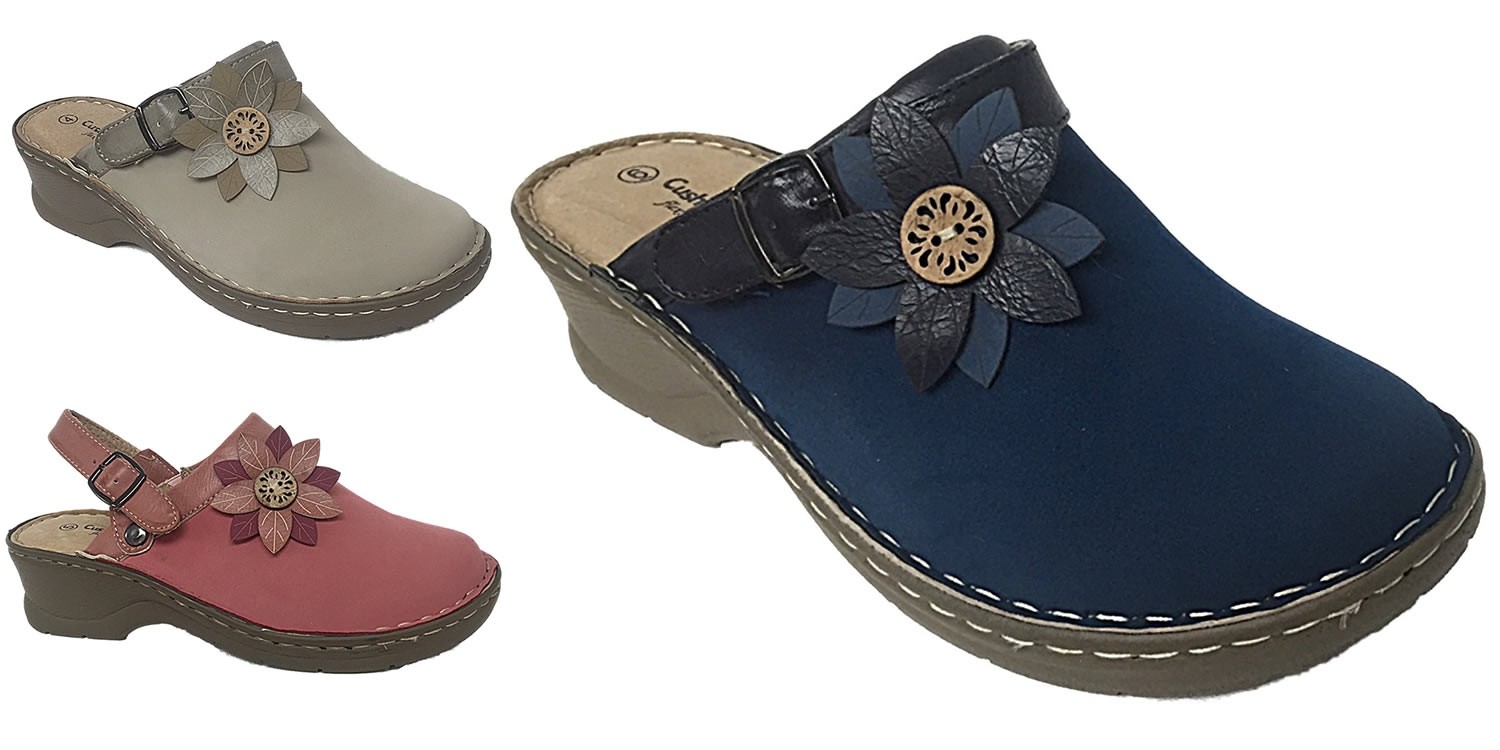 Ladies Cushion Walk Leather Lined Flower Closed Toe Clogs Slip On Sling Back Low Wedge Mules Sandals Shoes Size 3-8
