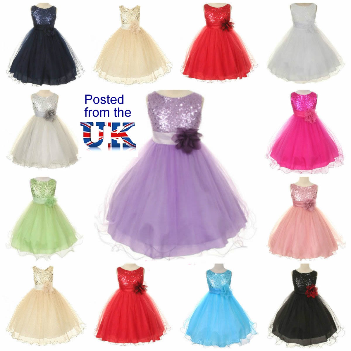 Girls Kids Sequined, Long, Full Length Flower Formal Wedding Bridesmaid Party Christening Occasion Prom Tulle Dress Ages 1 2 3 4 5 6 7 8 9 10