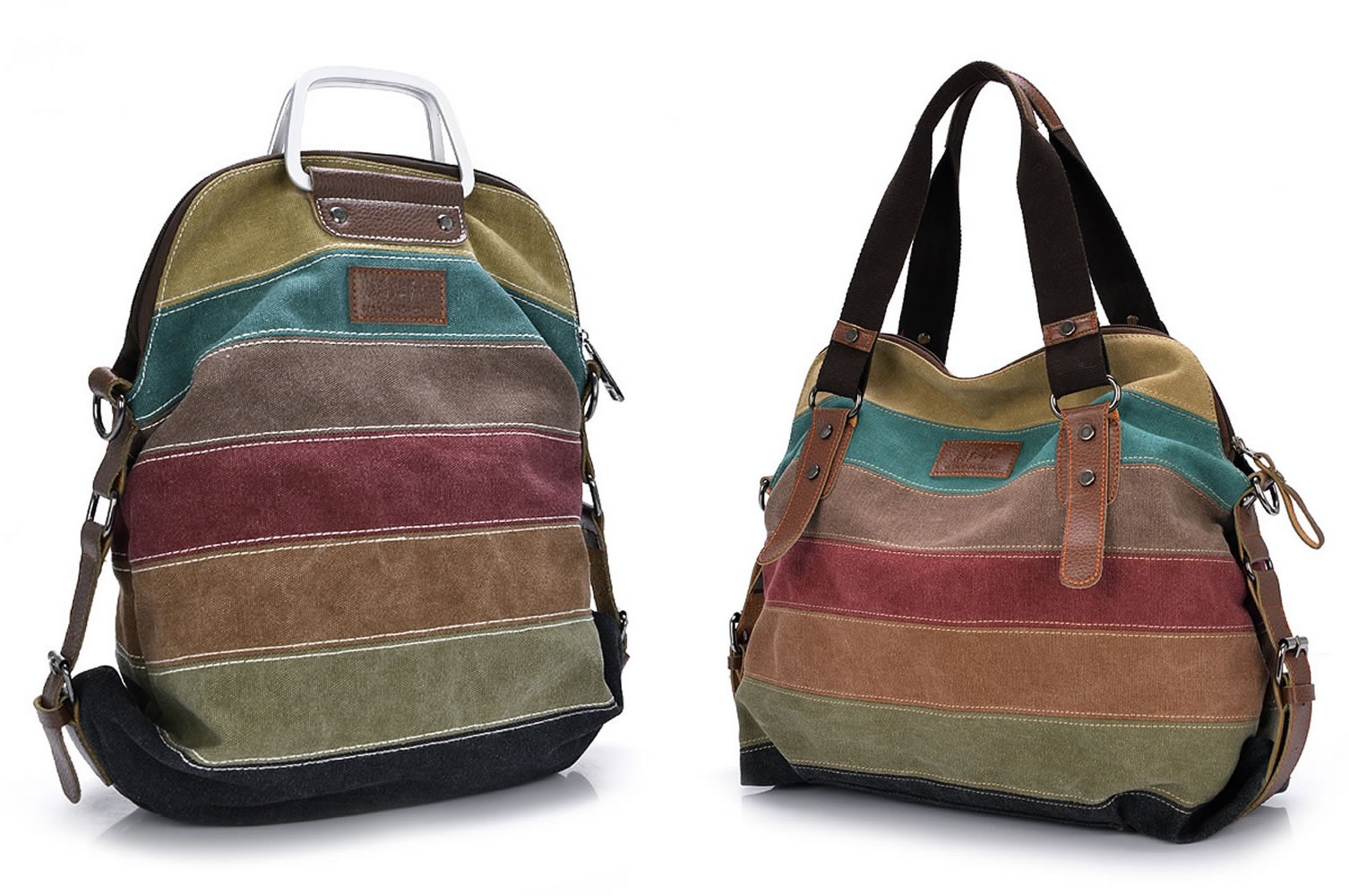 Women's Canvas Multi-Colour Striped Shopper Tote Shoulder Bag Handbag or Backpack