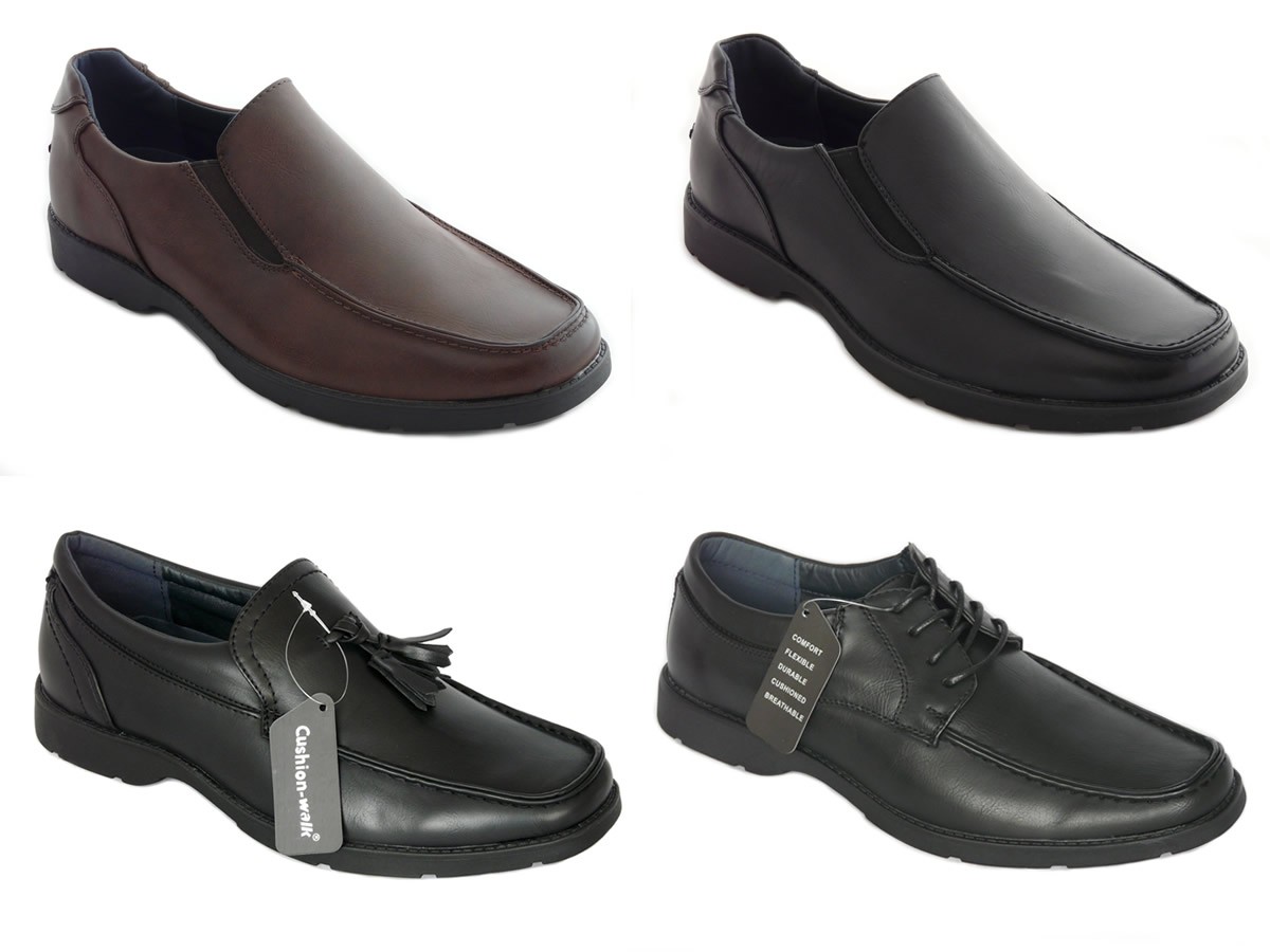 Cushion Walk Men's Faux Leather Formal Business Work Wedding Comfort Slip-on Twin Gusset Square Toe Shoes, Black & Brown 7-11