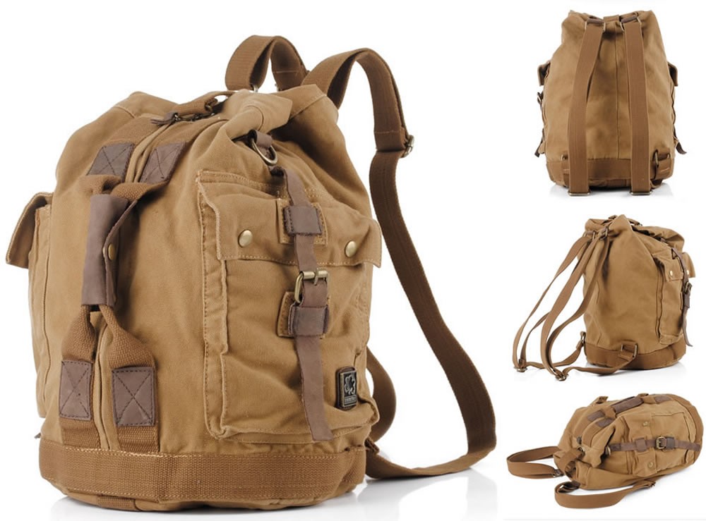 NEW Men's Women's Vintage Retro Canvas & Leather Cylindrical Round Backpack Rucksack School Laptop Duffle Bag Holdall