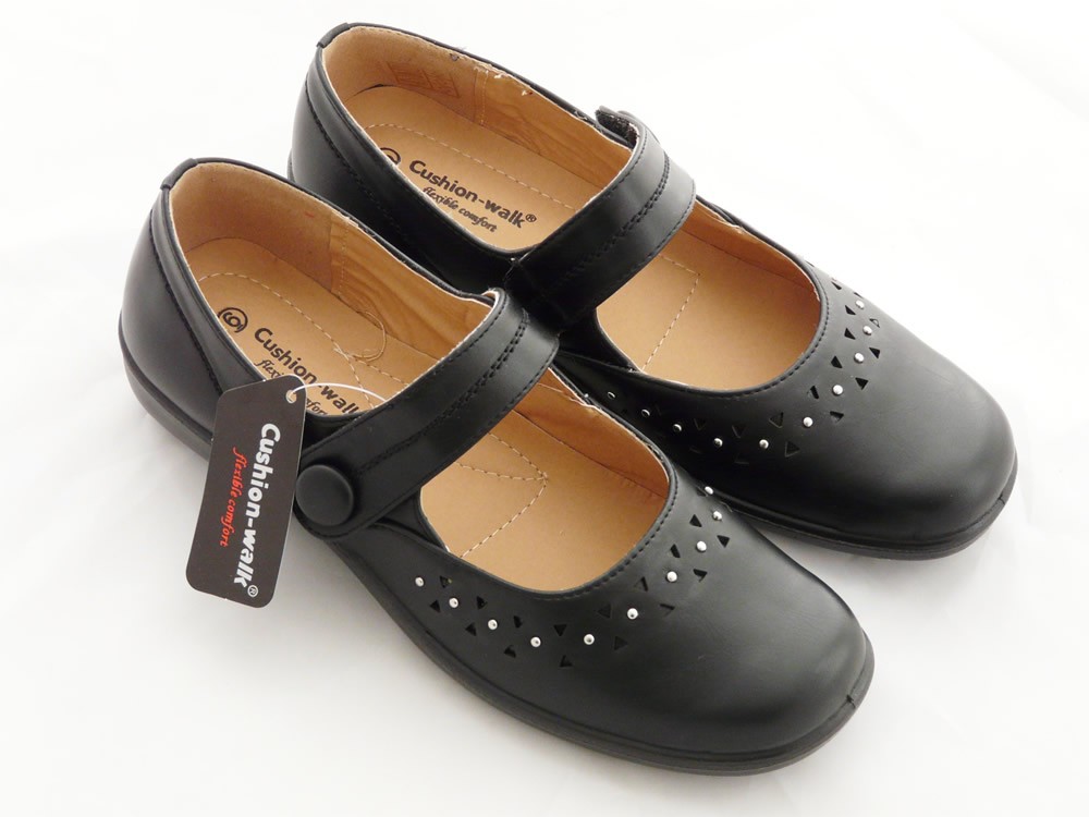 Cushion Walk Womens Ladies Lightweight Black Faux Leather Mary Jane Flats, Casual Work Office Comfort Shoes