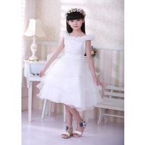 Girls Kids Long, Over Knee Length White Flower Formal Wedding Bridesmaid Party Christening Occasion Prom Tulle Dress Ages 1 2 3 4 5 6 7 8 9 10 11 Years