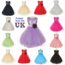 Girls Kids Sequined, Long, Full Length Flower Formal Wedding Bridesmaid Party Christening Occasion Prom Tulle Dress Ages 1 2 3 4 5 6 7 8 9 10